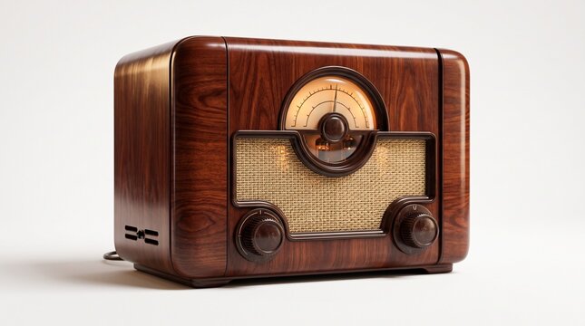 Vintage wooden radio on white background. Retro broadcast receiver for music and news.