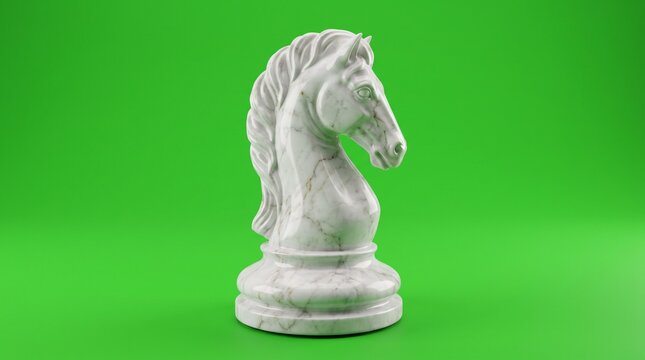 White marble chess knight on green screen. Strategy game piece isolated for chroma key.