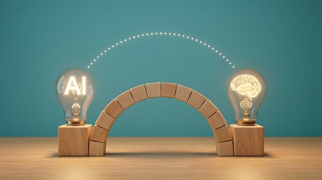 Two glowing lightbulbs, one with AI and one with a human brain, connected by a wooden block bridge and a dotted light line. Concept of AI collaboration