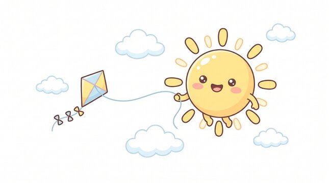 Cute Sun Character Flying a Kite in Vector Illustration with Clouds
