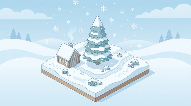 Cozy Log Cabin in Snowy Winter Landscape Isometric Vector Illustration