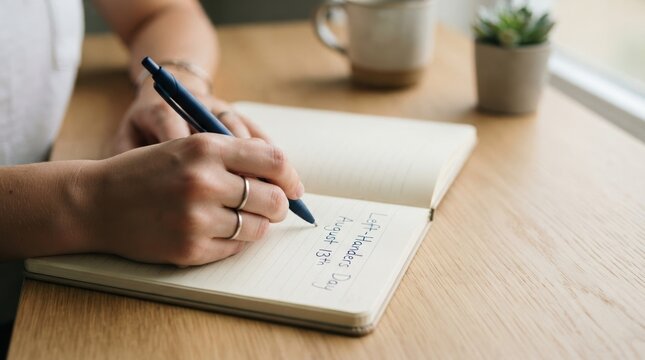 Young adult woman writing notes with left hand in notebook on wooden desk closeup for left handers day concept