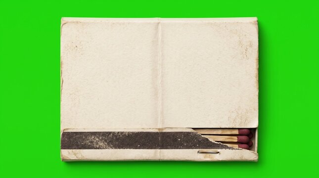 Open matchbox on green background. Blank cardboard box with wooden matches for branding.