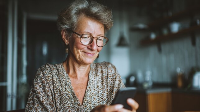 Happy senior female holding smartphone using mobile phone app. Technology, communication, happy adult woman with smartphone at home, recreation, communication, sociality, hobbies, adaptation, AI gen