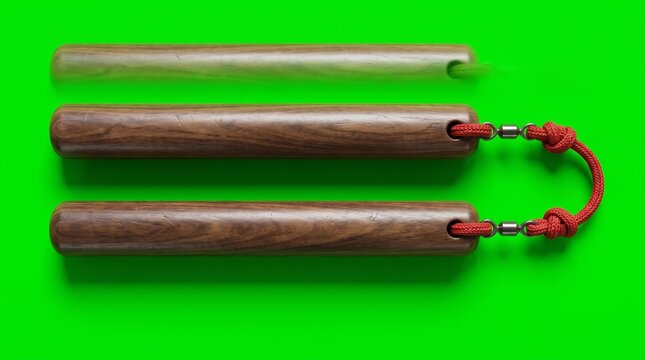 Wooden nunchucks on green background. Traditional martial arts weapon for self defense.