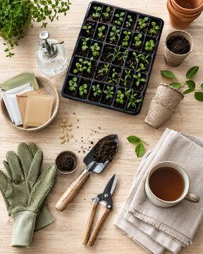 Home gardening workspace with seedling tray, seed packets, biodegradable pots, soil, hand trowel, pruning shears and gloves.