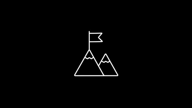Mountain Peak and Flag line icon, Concept of Achievement. flag icon waving on mountain peak animation on black background