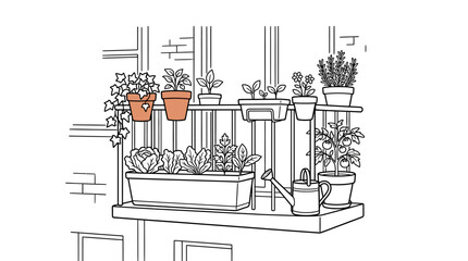 Obraz premium Dynamic Urban Indoor Herb Garden Setup with Potted Plants Watering Can and Window Shelving with high quality professional line art symbols for modern creative design and digital branding projects