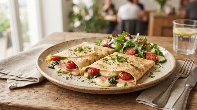 Savory Ham and Cheese French Crepes with Fresh Salad. Golden French crepes filled with cheese and smoked ham served with fresh vegetables for a gourmet brunch.