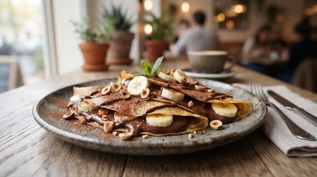 Chocolate Banana French Crepes with Hazelnuts. Delicious French crepes filled with bananas and melted chocolate, topped with hazelnuts and cocoa powder.