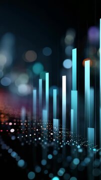 Futuristic digital bar chart with glowing neon lines and bokeh lights on a dark background. Modern abstract visualization of data analytics and financial technology trends in a virtual environment