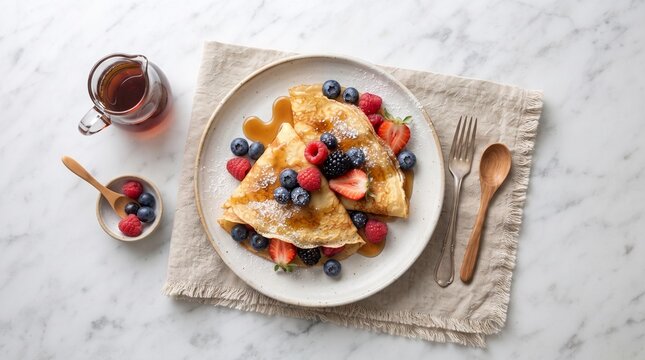 Top View Mixed Berry Crepes Flat Lay. Overhead composition of French crepes with fresh mixed berries and maple syrup on a marble table.