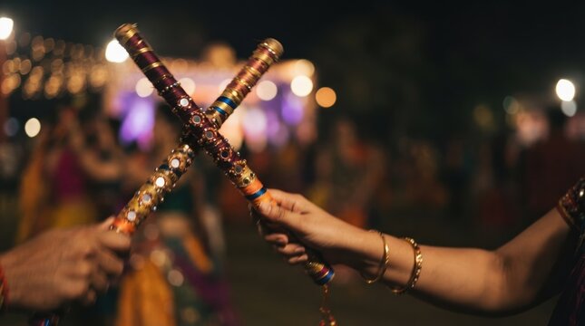 People playing dandiya raas with decorated sticks during navratri festival night dance celebration