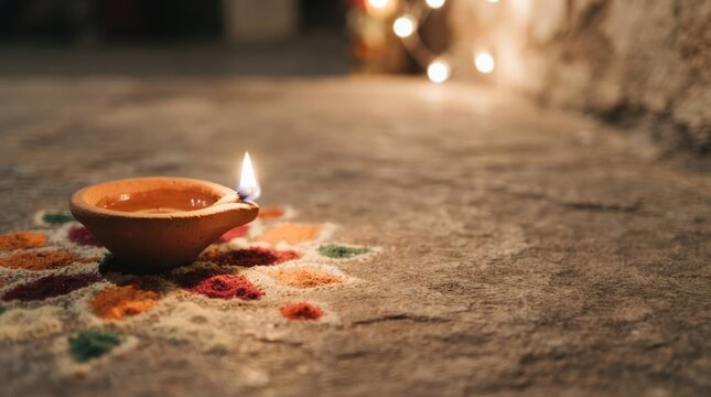 Traditional Diwali oil lamp lit on a colorful rangoli pattern on the floor with bokeh lights celebrating the Indian festival of lights
