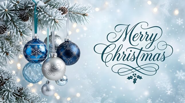 Elegant blue and silver christmas ornaments hanging on a snowy pine branch with a festive merry christmas greeting card background