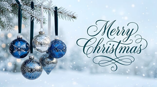 Elegant blue and silver christmas ornaments hanging on a snowy pine branch with a merry christmas calligraphy greeting card