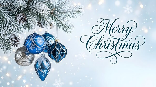 Elegant blue and silver christmas ornaments hanging on a snowy pine branch with a beautiful merry christmas calligraphy greeting