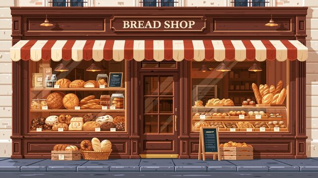赤白ストライプひさしと重厚な茶色ファサードが印象的なパン屋外観のフラットイラスト