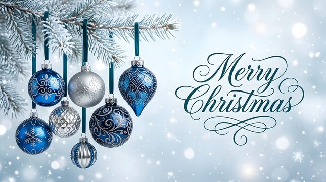 Elegant blue and silver christmas ornaments hanging on a snowy fir branch with a beautiful merry christmas calligraphy greeting