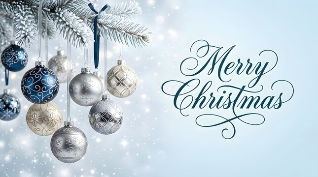 Elegant silver and blue christmas baubles hanging from a snowy pine branch with beautiful merry christmas calligraphy text design