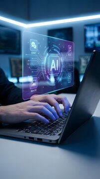 Hands typing on laptop with digital AI hologram