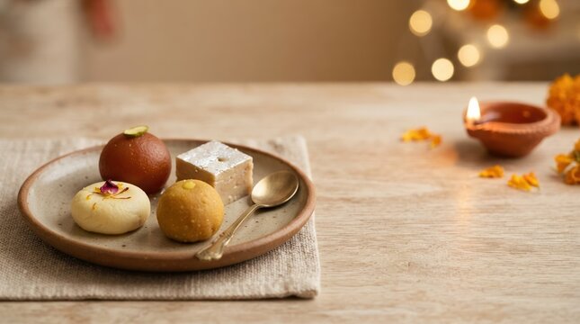Traditional Indian sweets assortment on a plate with lit diya lamp for Diwali festival celebration representing cultural heritage and festive joy