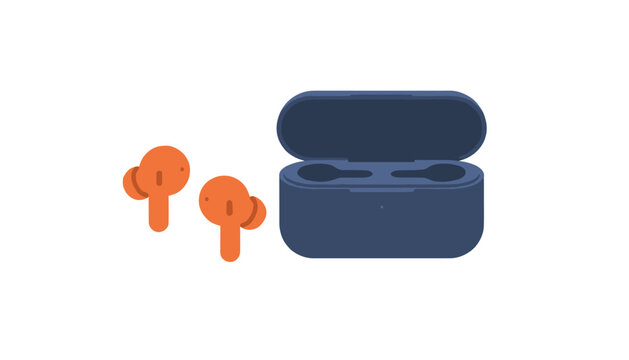 Bright orange wireless earbuds placed beside an open dark blue charging case on white.