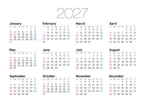 2027年の年間カレンダー日曜始まり 横位置