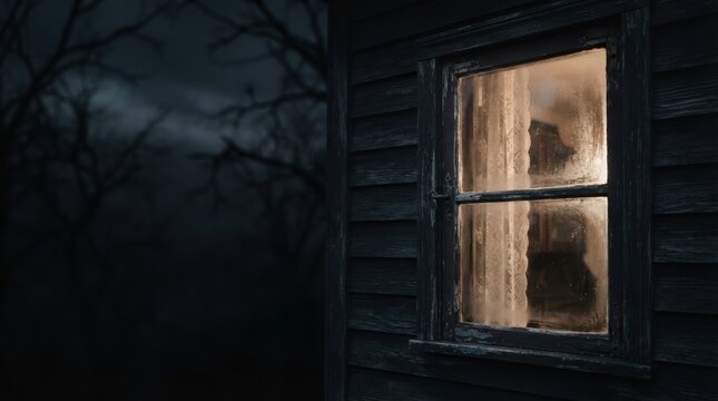 Eerie cabin window glowing softly in the dark night with spooky bare trees in background representing suspense and thriller themes for horror concepts