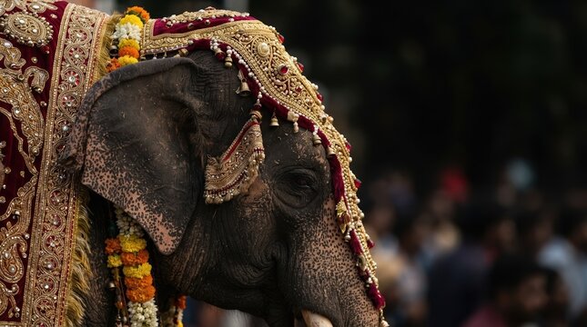 Decorated Indian elephant in traditional ceremonial attire adorned with gold jewelry and flower garlands during a cultural festival procession