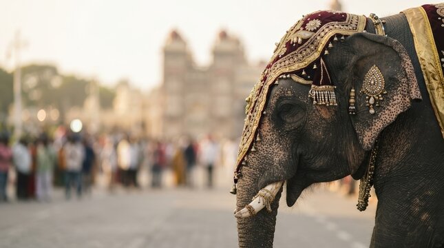 Majestic decorated elephant participating in a traditional cultural procession in India wearing ornate festive attire and gold jewelry during a grand celebration