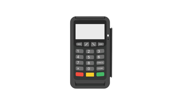 Dark credit card payment machine with numeric keypad and digital display for financial transactions.