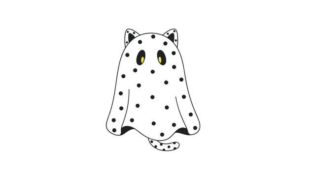 Cute ghost cat wearing a white sheet with black polka dots and cat ears.