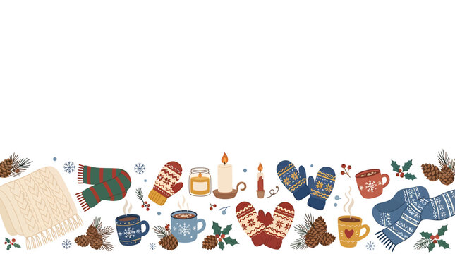 Cozy winter holiday background with mittens scarves and hot drinks illustration.