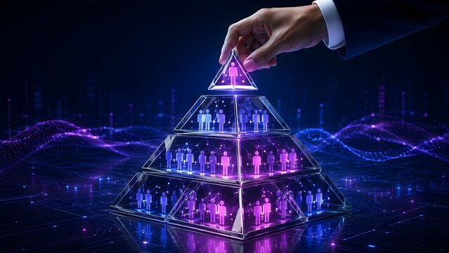 Hand placing the apex of a glowing pyramid, representing hierarchical organization, team building, and leadership in a futuristic digital business network.