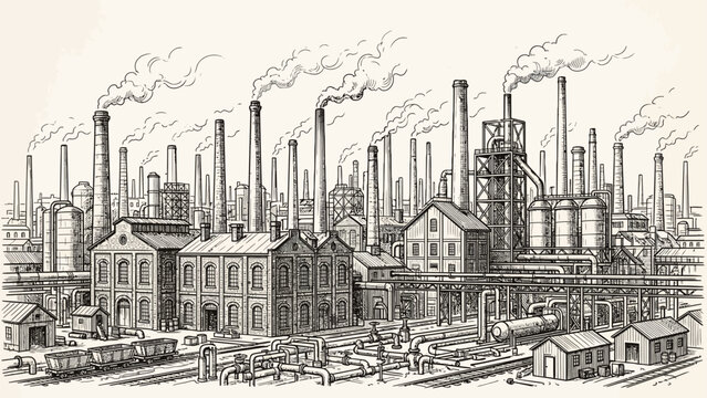 Industrial revolution factory landscape, old manufacturing plant with smoking chimneys, for historical industry graphics, vintage engraved drawing style , vector illustration