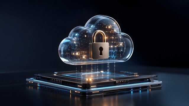 Digital cloud security and data protection in a modern, abstract style, with a secure padlock icon safeguarding valuable information on an illuminated, futuristic technology platform.