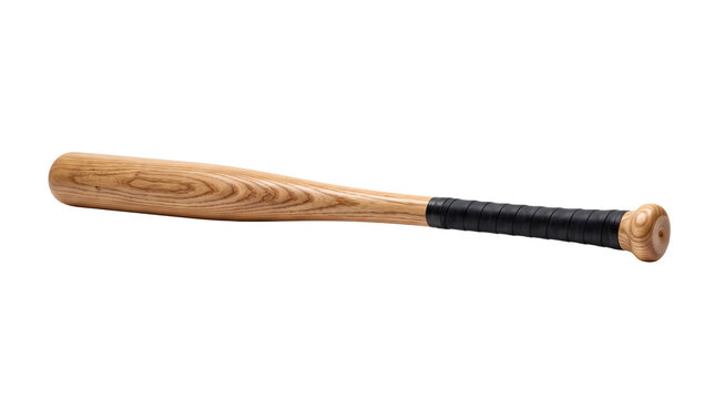 Classic wooden baseball bat with black grip tape, professional ash wood sports equipment, isolated timber slugger on white background