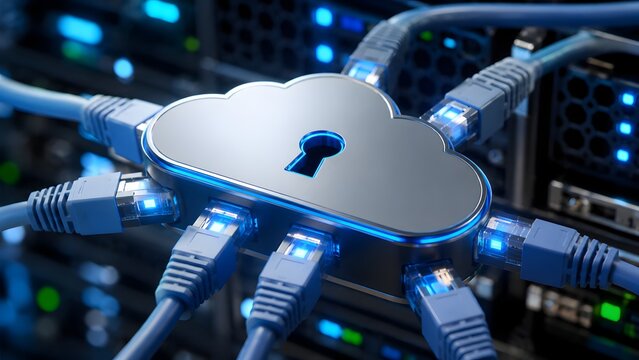 Cloud computing security concept with network cables converging into a secure data hub, symbolizing protected digital infrastructure and global connectivity.