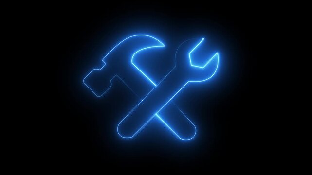Glowing neon crossed hammer and wrench spanner line icon animation representing construction, engineering, maintenance, repair, workshop, industrial service, handyman, and technical