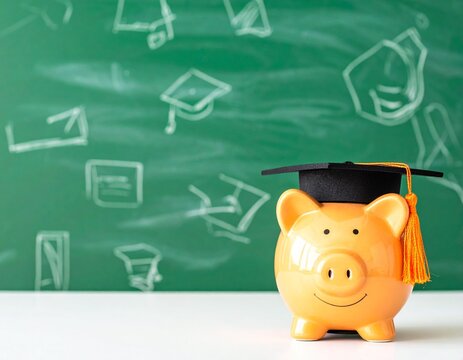 Piggy bank and black graduate hat isolated on white background. Green school board background