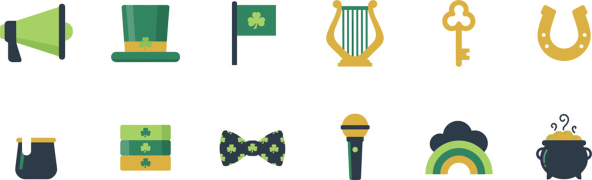 Vector set of flat Saint Patricks Day icons featuring megaphone leprechaun hat harp and pot of gold