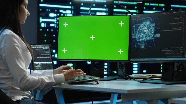 Technician uses a replaceable screen device inside a server hub with a chroma key computer monitor, connecting network security and data protection with enterprise infrastructure work