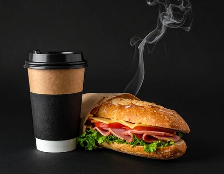 Sandwich and cup of coffee on black background. Morning breakfast or snack when hungry. Street food to go