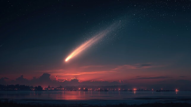 Bright comet streaking across the night sky over a lake. Shooting star with glowing tail above a distant city at twilight. Celestial astronomy event