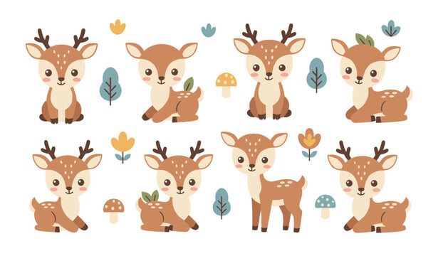 Multiple cute cartoon baby deer sitting among colorful mushrooms and delicate flowers.
