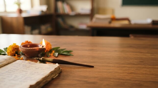 Traditional Indian study desk setup with burning oil lamp, marigold flowers, ancient manuscript, and antique pen for education and cultural festivals