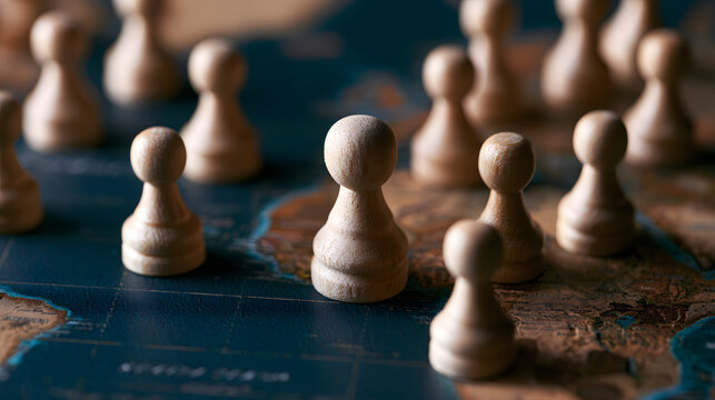 Wooden pawns on a global map signify geopolitical strategy, economic dominance, sanctions, and political clout among nations.