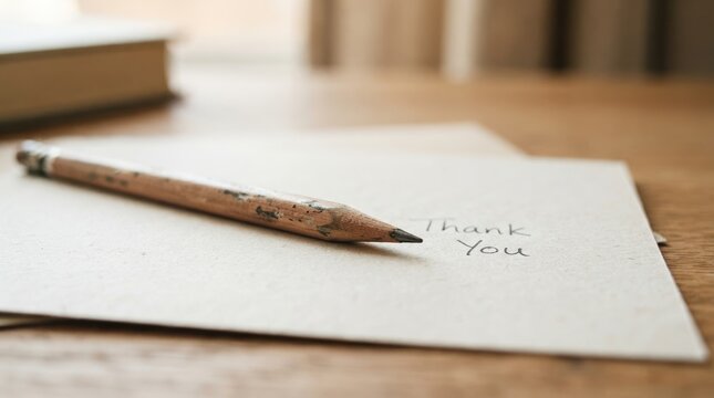 A handwritten thank you note with a wooden pencil on a rustic wooden desk, perfect for expressing gratitude in personal correspondence and stationery design