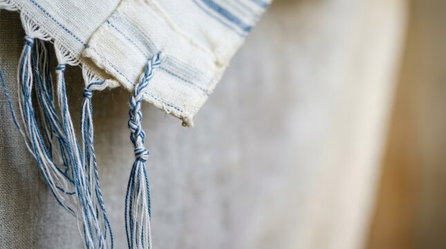 Traditional Jewish tallit ritual fringes tzitzit close up view for religious faith concept and prayer shawl symbolism